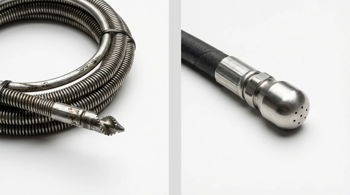 Drain snake cable and hydro jetting nozzle used for drain cleaning in Goodland, KS