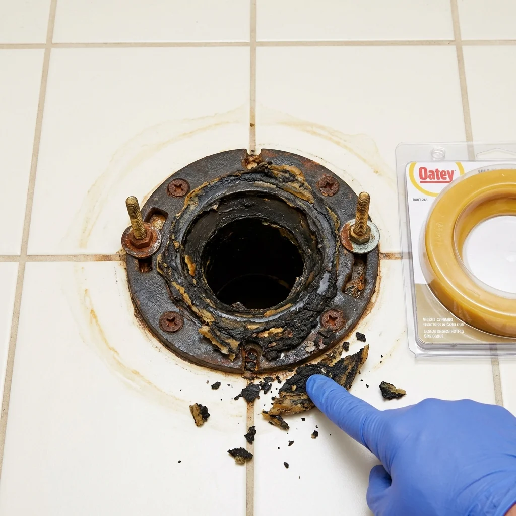Failed wax ring showing water seepage at the base of a toilet in a Goodland, KS home