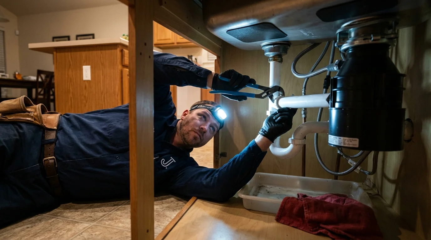 P-trap and supply line connections under a kitchen sink showing a common leak point in Goodland, KS